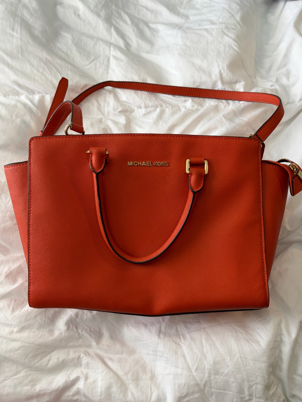 Michael Kors Red-Orange Saffiano Leather Tote with Gold Hardware